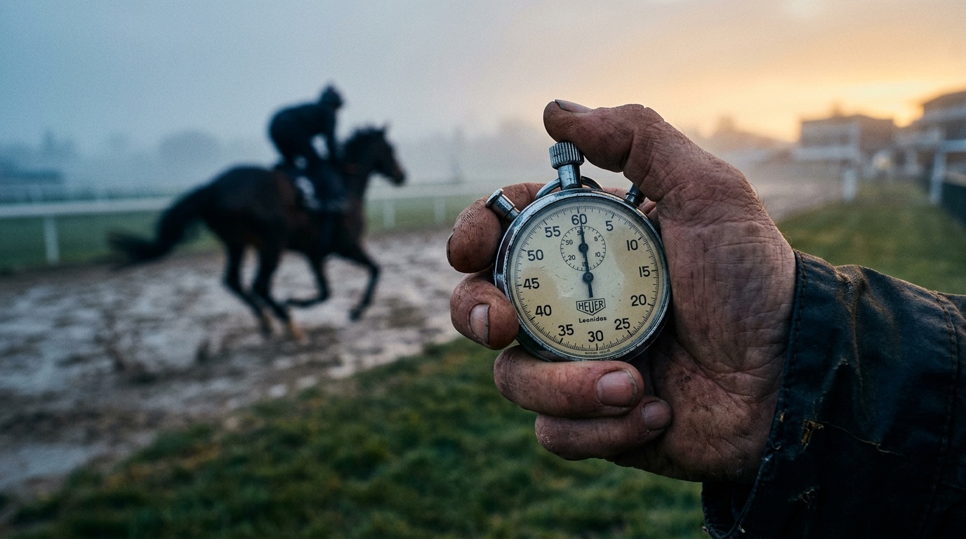 Antrenörün elinde kronometre, arka planda galop yapan at