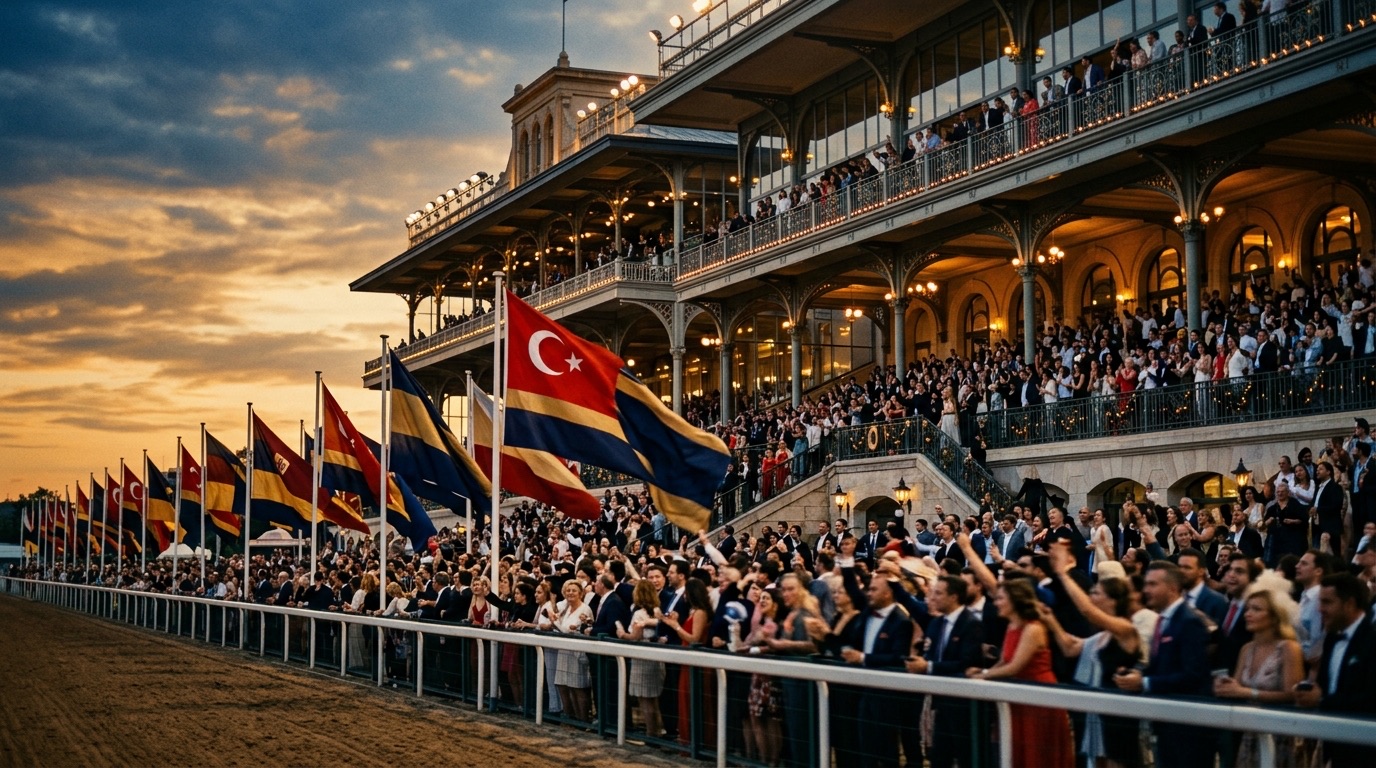 Yarış gününde hipodrom tribünü ve pist